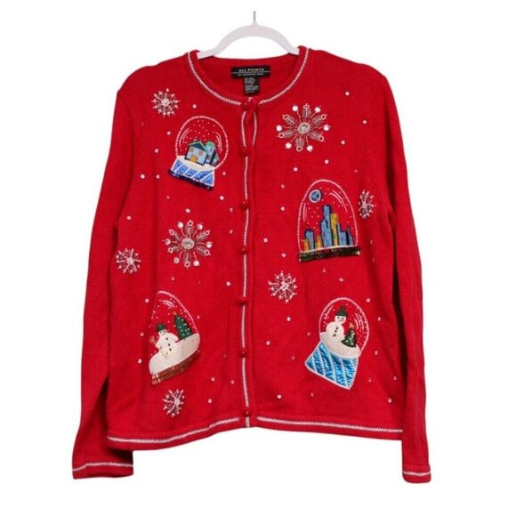 Vintage 90s Cardigan Sweater Medium Embroidered Sequin Beaded Holiday Winter - Picture 1 of 12